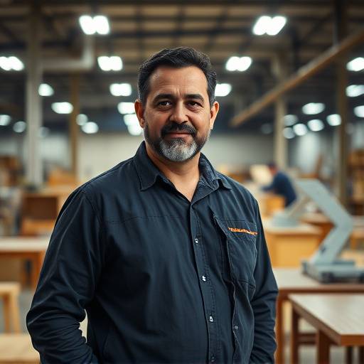 Retrato de João Batista, gerente de produäão da Mobiliário Elegância, em pé em uma fábrica de móveis.