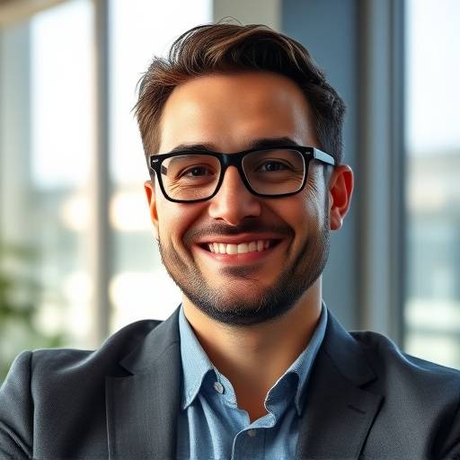 Retrato de Ricardo Almeida, fundador da Mobiliário Elegância, sorrindo em um ambiente de escritório moderno.