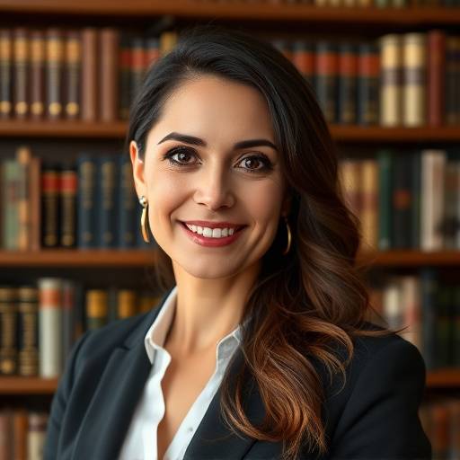 Retrato de Sofia Mendes, gerente de design da Mobiliário Elegância, posando em frente a uma estante de livros.