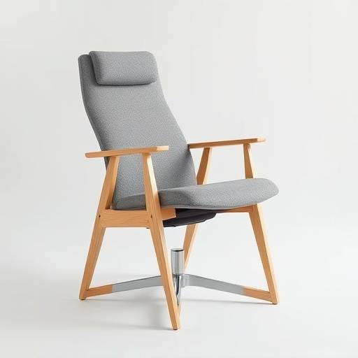 Uma cadeira de design ergonômico com estrutura de madeira clara e assento em tecido cinza.