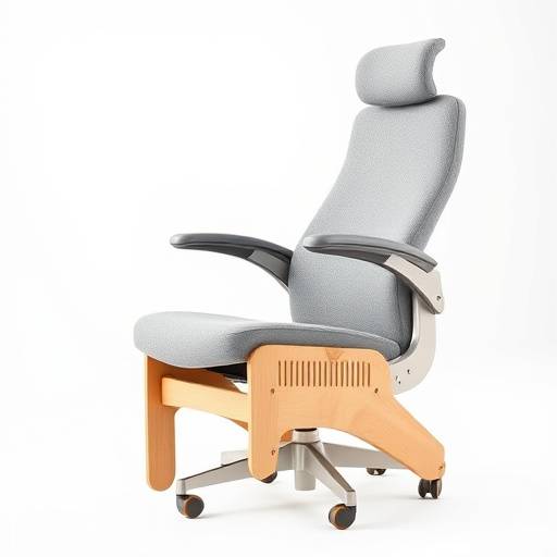 Uma cadeira de design ergonômico em madeira clara e tecido cinza