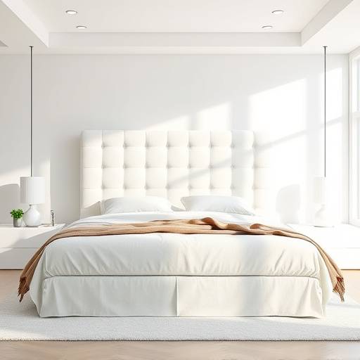 Uma cama king size com cabeceira estofada em linho branco, em um quarto moderno e iluminado.