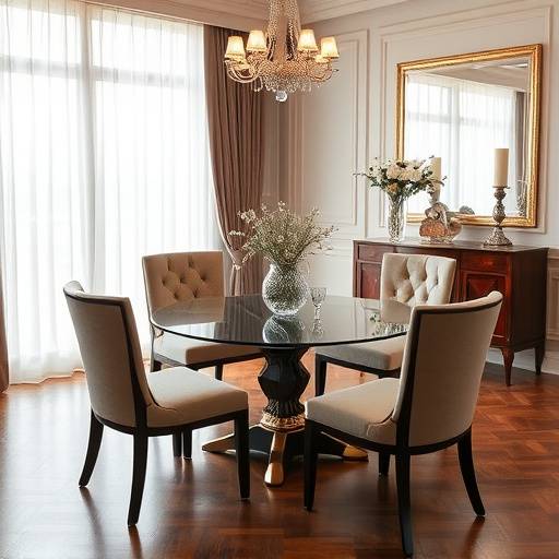 Uma mesa de jantar de vidro com cadeiras estofadas em uma sala de jantar elegante.