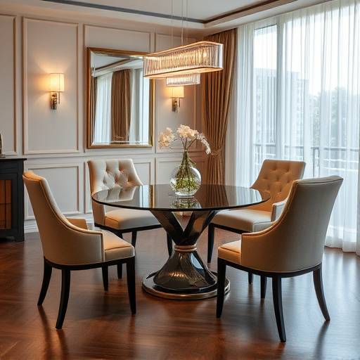Uma mesa de jantar de vidro com cadeiras estofadas em uma sala de jantar elegante