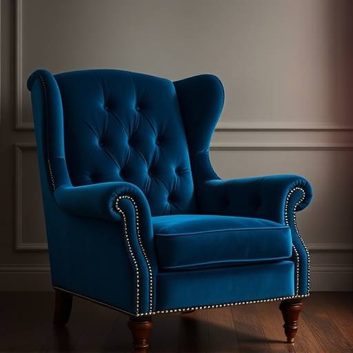 Uma poltrona confortável com design clássico e revestimento em veludo azul.